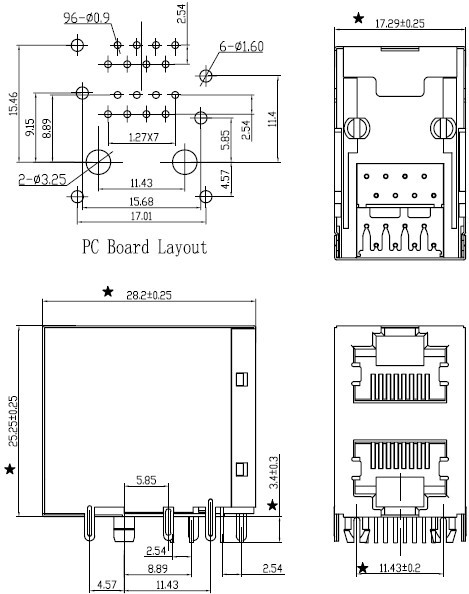 RJ45 网络接口插座尺寸图